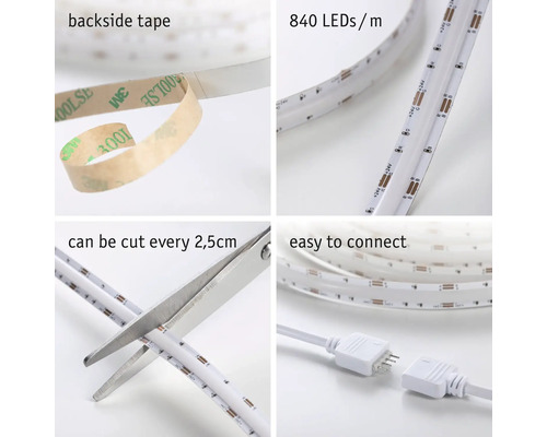 LED-Streifen mit 840 LEDs pro Meter, selbstklebender Rückseite, alle 2,5 Zentimeter kürzbar und einfachem Stecksystem.