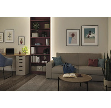 Modernes Wohnzimmer und Heimbüro mit beigem Sofa, rundem Couchtisch, lila Bücherregal, Schreibtisch und blauem Stuhl an hellen Wänden.