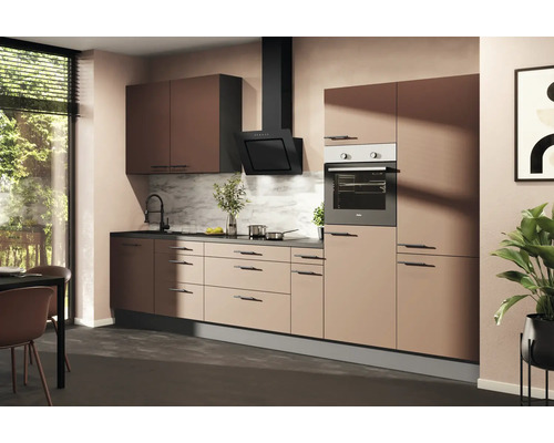 Moderne Küche mit Einbaubackofen, Dunstabzugshaube, Spüle und Arbeitsplatte