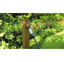 Gartenszene mit Wasserhahn und Gartenschlauch an einem Holzpfosten