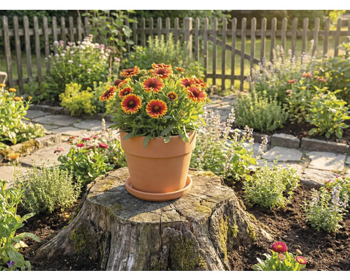 Terracotta Blumentopf mit Ringelblumen auf Baumstumpf in einem Garten.