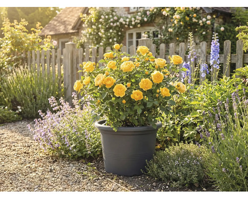 Gelbe Rose im Topf im Garten