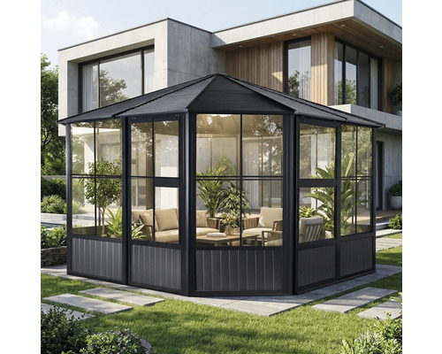 Gartenzelt mit Glaswänden und Sitzgruppe im Garten