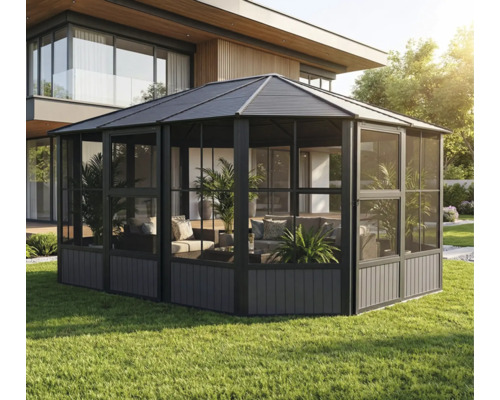 Gartenpavillon mit Glasschiebewänden und Möbeln auf einer Rasenfläche