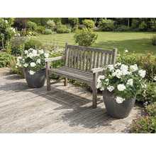 Gartenszene mit Holzbank und Blumentöpfen auf einer Holzterrasse