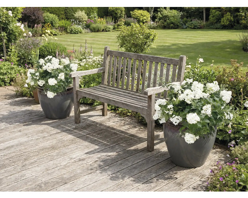 Gartenszene mit Holzbank und Blumentöpfen auf einer Holzterrasse
