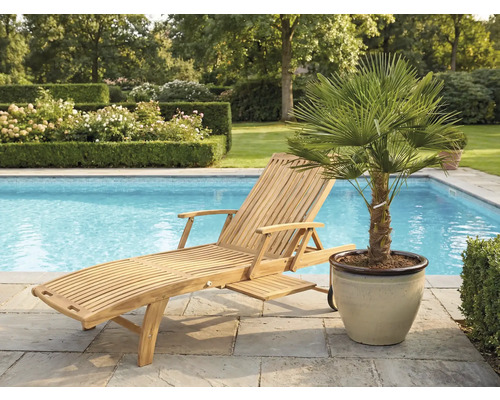 Holzliege neben einem Schwimmbecken und einer Palme im Topf