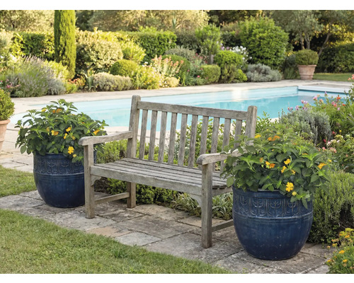 Gartenszene mit Holzbank und Blumentöpfen neben einem Pool