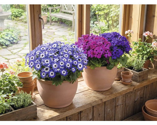 Zimmer mit blühenden Zinerarien in Tontöpfen