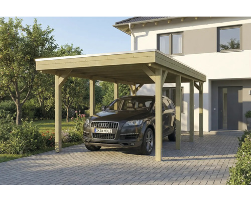 Carport aus Holz mit Auto auf einer Einfahrt