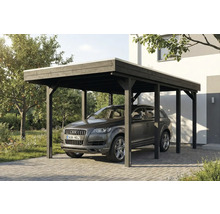Holzcarport mit Auto im Hof