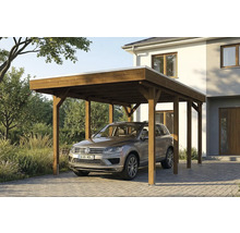 Carport aus Holz mit Auto davor