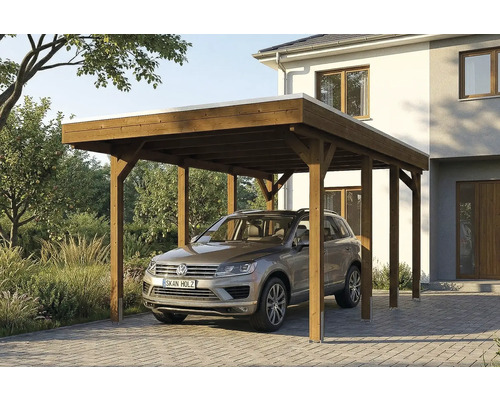 Carport aus Holz mit Auto davor