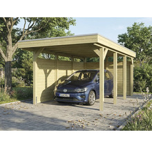 Auto unter einem Carport aus Holz mit Seitenwand