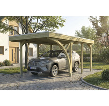 Ein Auto steht unter einem Holz Carport auf einer gepflasterten Auffahrt.