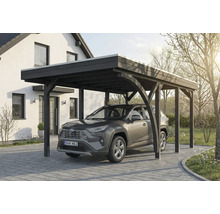 Ein Auto unter einem Carport aus Holz.