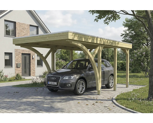 Auto unter einem Carport aus Holz vor einem Haus