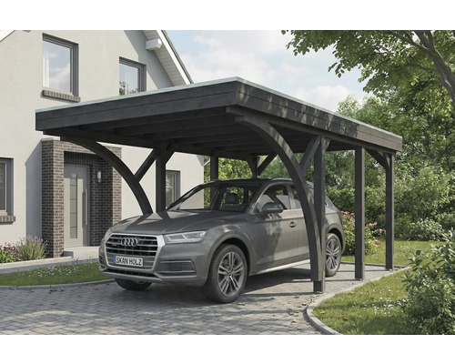 Dunkler Holzcarport mit Auto vor einem Haus