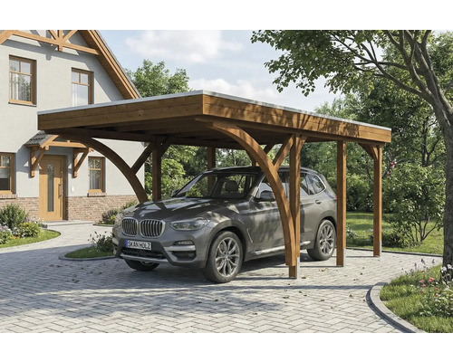 Carport aus Holz mit Auto auf gepflasterter Auffahrt