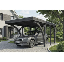 Carport aus Holz mit Auto auf der Einfahrt
