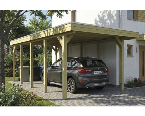 Holzcarport mit Auto auf gepflasterter Fläche