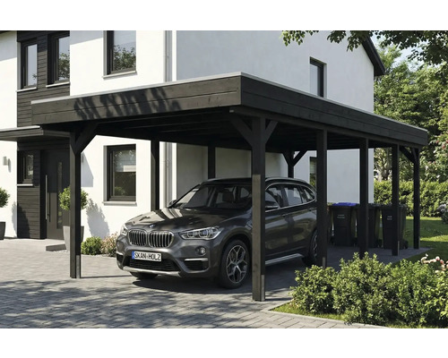 Carport aus Holz mit Auto und Mülltonnen