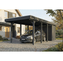 Auto unter einem Carport mit Geräteschuppen auf einem Grundstück