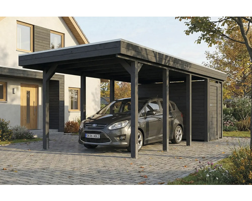 Auto unter einem Carport mit Geräteschuppen auf einem Grundstück