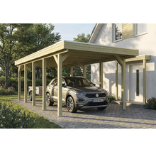 Carport aus Holz mit Auto und Anhänger im Hof
