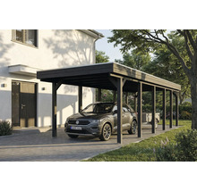Carport aus Holz mit Auto und Anhänger