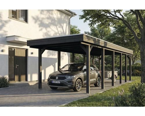Carport aus Holz mit Auto und Anhänger