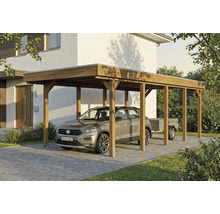 Carport aus Holz mit Auto und Anhänger vor einem Haus