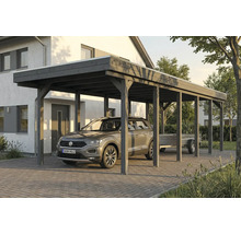 Carport aus Holz mit Auto und Anhänger