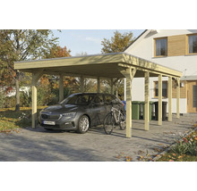 Ein Carport aus Holz mit einem Auto und einem Fahrrad davor.