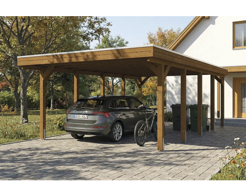 Holzcarport mit Auto und Fahrrad auf gepflastertem Untergrund