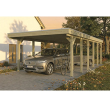 Carport aus Holz mit Auto, Fahrrad und Anhänger auf gepflastertem Untergrund