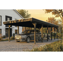Carport aus Holz mit Auto, Fahrrad und Anhänger