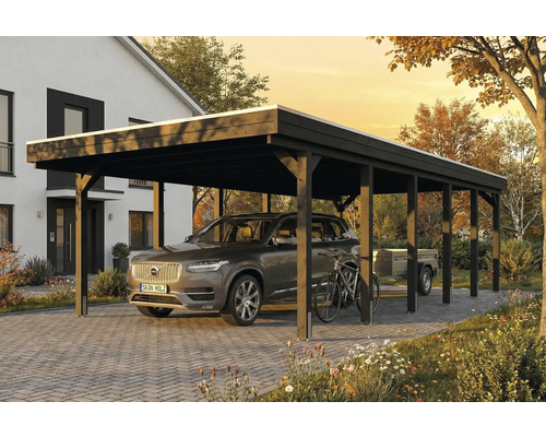Carport aus Holz mit Auto, Fahrrad und Anhänger