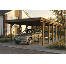 Holzcarport mit Auto, Fahrrad und Anhänger