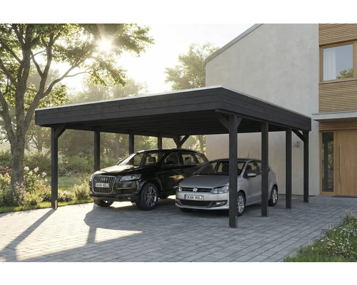 Doppelcarport aus Holz mit zwei geparkten Autos vor einem Haus