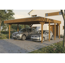 Doppelcarport aus Holz mit zwei geparkten Autos