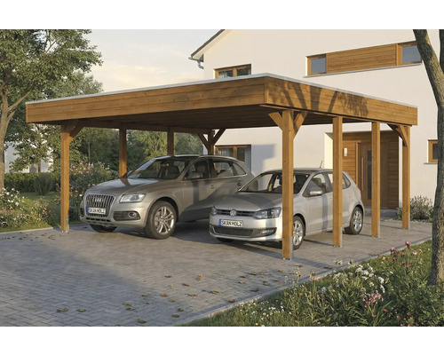 Doppelcarport aus Holz mit zwei geparkten Autos