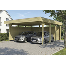 Doppelcarport aus Holz mit zwei geparkten Autos
