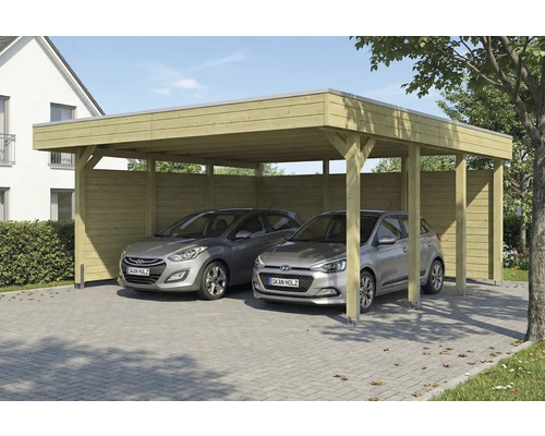 Doppelcarport aus Holz mit zwei geparkten Autos