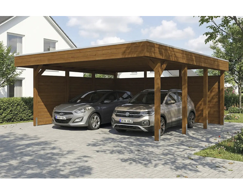 Doppelcarport aus Holz mit zwei Autos