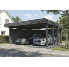 Doppelcarport aus Holz mit zwei geparkten Autos