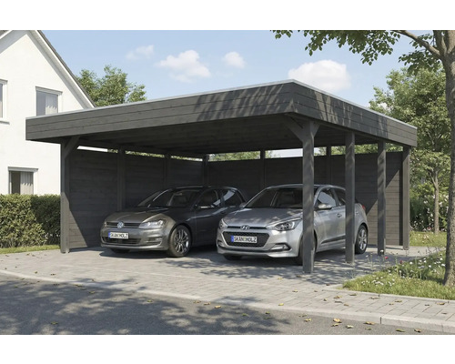 Doppelcarport aus Holz mit zwei geparkten Autos