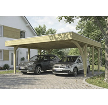 Doppelcarport aus Holz mit zwei Autos
