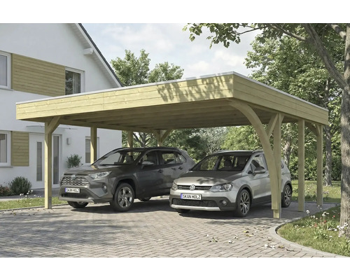 Doppelcarport aus Holz mit zwei Autos