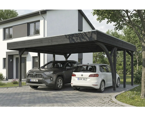 Doppelcarport aus Holz mit zwei geparkten Autos vor einem Haus